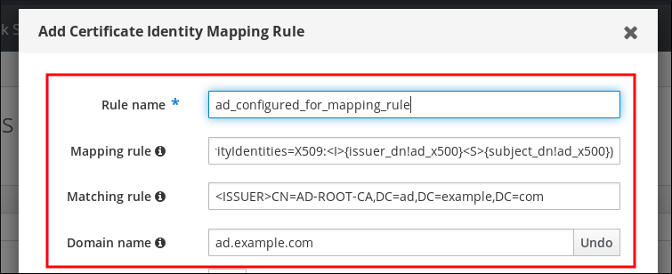 "Add Certificate Identity Mapping Rule"(추가 인증서 ID 매핑 규칙 추가) 팝업 창에 표시된 다음 필드(예: 규칙 이름) - 매핑 규칙 - 일치 규칙의 스크린샷입니다. "Priority" 필드가 비어 있으며 "Domain name" 레이블 옆에 "추가" 버튼도 있습니다.