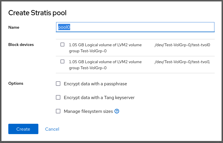 Image displaying the Create Stratis pool dialog box.