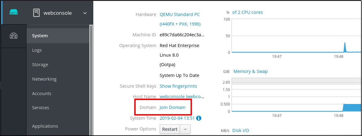 Screenshot of the webconsole displaying details for the system and a "Domain" entry has a link for "Join Domain."