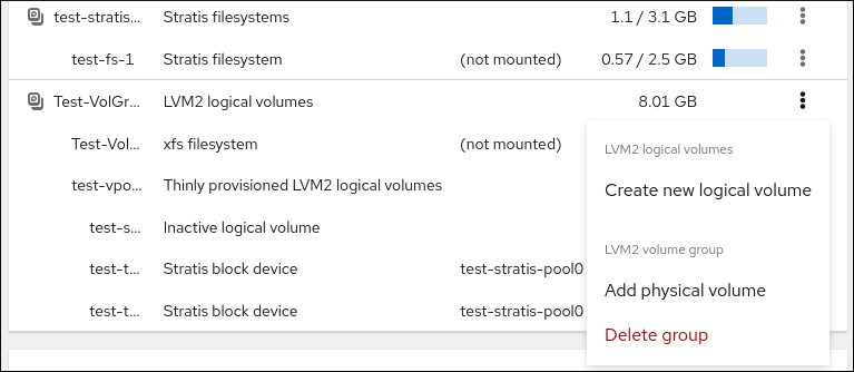 Storage tab: Create logical volume option in the LVM2 group drop-down menu