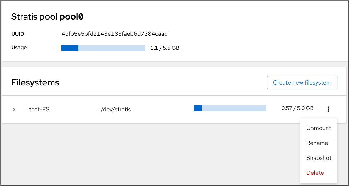 Image displaying the drop down menu of a stratis file system.