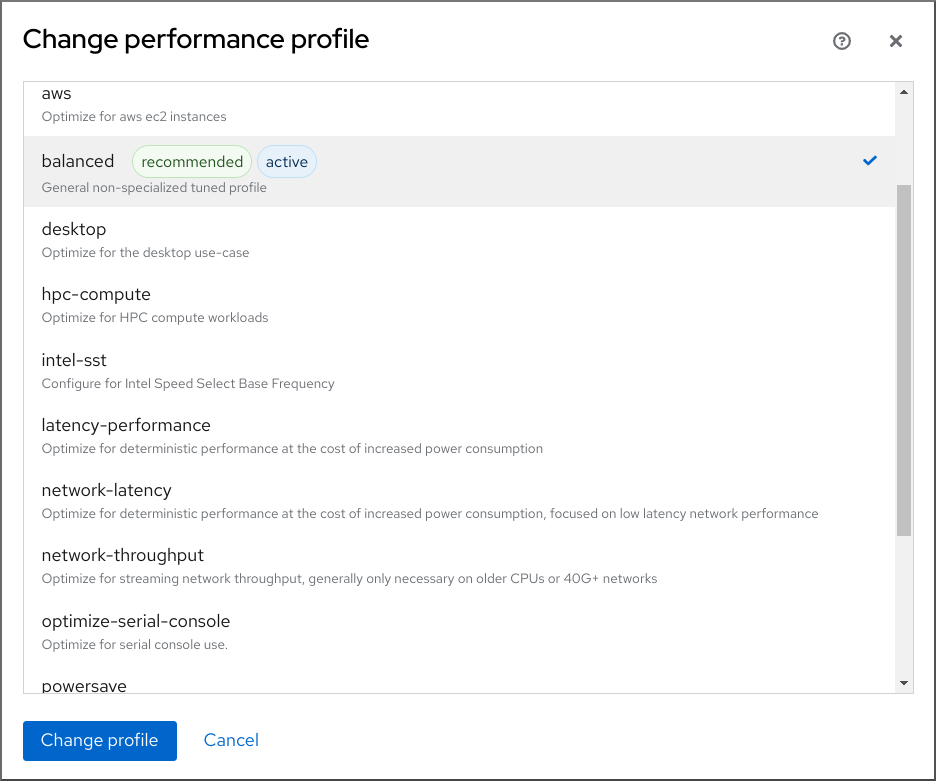Image displaying the Change performance profile dialog box.