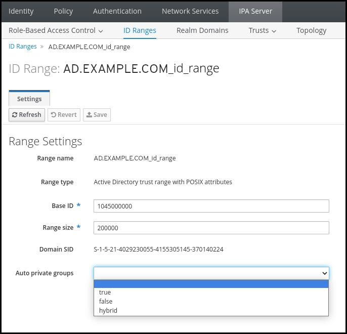 Capture d'écran de l'onglet ID Ranges de la section IPA Server de l'IdM WebUI. Un utilisateur sélectionne l'option hybride dans le menu déroulant Auth private groups.