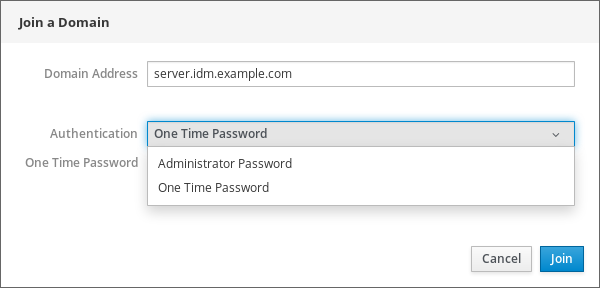 A screenshot of the "Join a Domain" pop-up window with a field for "Domain Address" with a fully-qualified host name. There is also a drop-down menu for "Authentication" with options for "Administrator Password" and "One Time Password" and a field for "One Time Password."