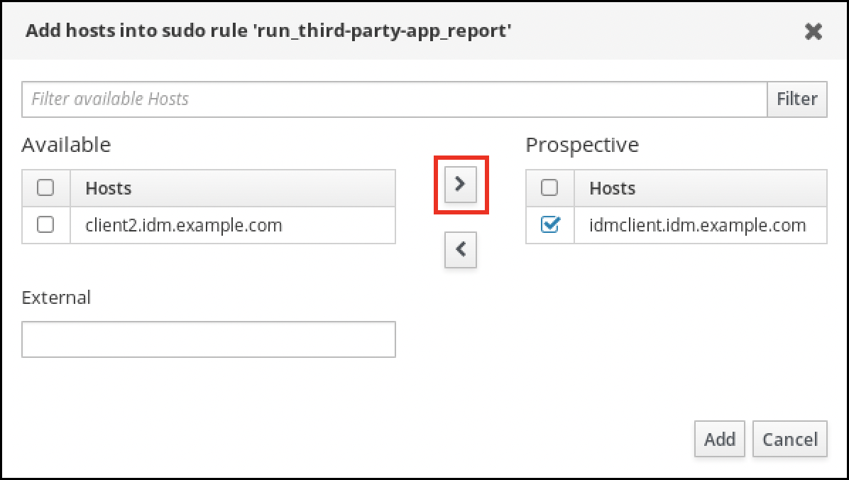 A screenshot of a pop-up window labeled "Add hosts into sudo rule." You can select hosts from an Available list on the left and move them to a Prospective column on the right. The lower-right of the window has two buttons: "Add" - "Cancel".