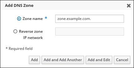 A screenshot showing that a user has entered a Zone name such as zone.example.com. in the Zone name field of the "Add DNS Zone" popup window.
