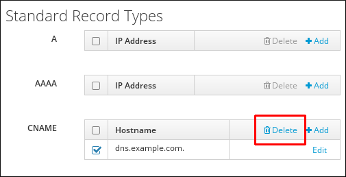 A screenshot of the "Standard Record Types" page displaying entries for "A" "AAAA" and "CNAME" records. The checkbox in the CNAME table for the dns.example.com entry has been checked and the "Delete" button pertaining to CNAME entries has been highlighted.