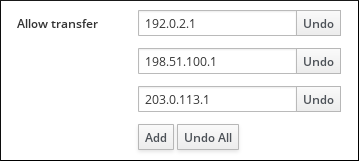 "전송 허용" 팝업 창에 각각 다른 IP 주소가 있는 서버에 대한 세 개의 필드가 있는 스크린샷입니다. "추가" 버튼은 창 하단에 있습니다.