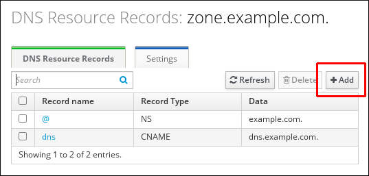 영역 zone.example.com의 DNS 리소스 레코드 페이지의 스크린샷은 여러 DNS 레코드를 표시합니다. 페이지 오른쪽 상단에 "추가" 버튼이 강조 표시됩니다.