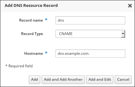 "Add DNS Resource Record"(DNS 리소스 레코드 추가)" 팝업 창의 스크린샷입니다. "Record name" 및 "Hostname" 필드가 입력되었으며 드롭다운 메뉴에서 "Record Type"을 선택했습니다. "추가" 버튼은 창 하단에 있습니다.