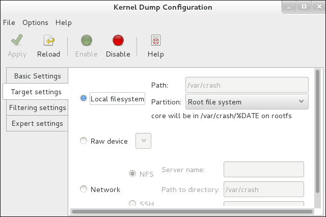 kdump システムツール: ターゲット設定