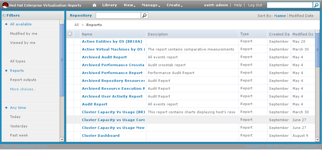 Red Hat Enterprise Virtualization Reports - Reports List