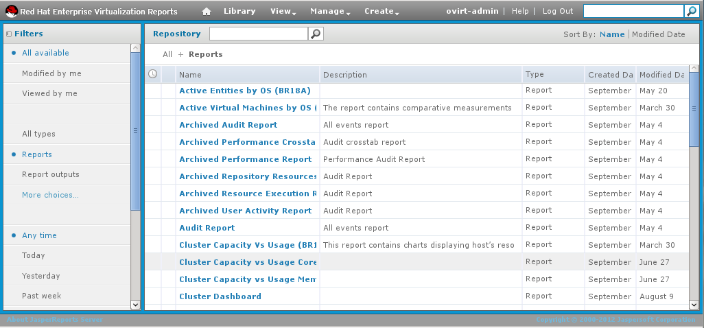 Red Hat Enterprise Virtualization Reports - 报表列表