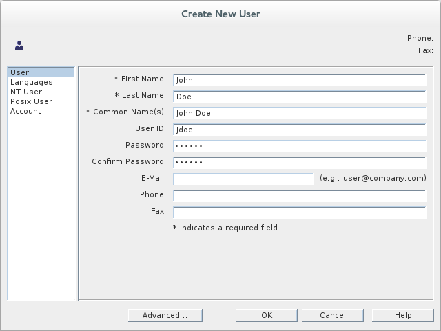 Create New User ダイアログに User タブのフィールドに入力