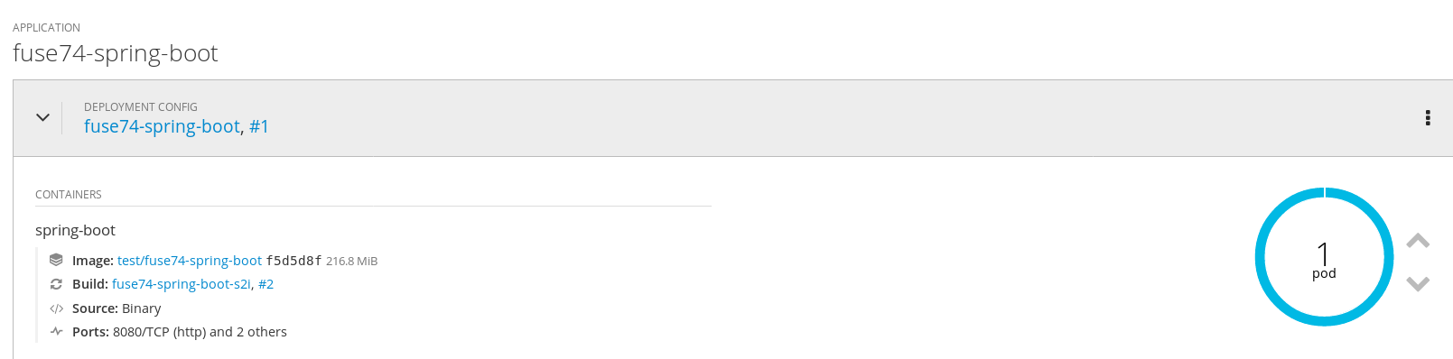 OpenShift console test namespace overview showing fuse74-spring-boot application and associated pods
