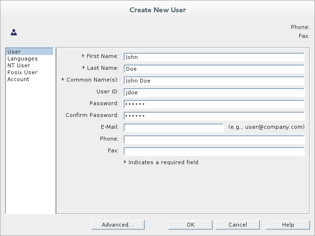 Filling the fields of the User tab in the Create New User dialog