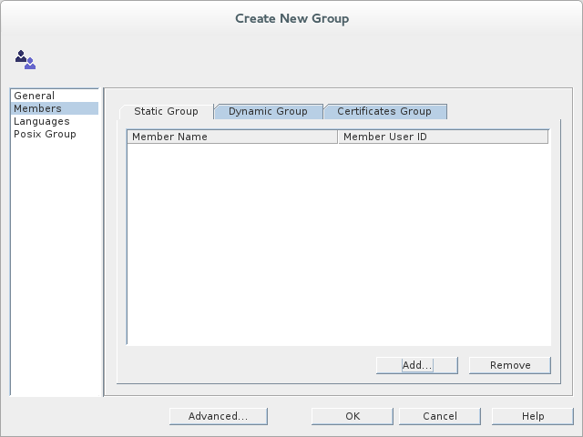 Create New Group ダイアログの Members タブのフィールドに入力