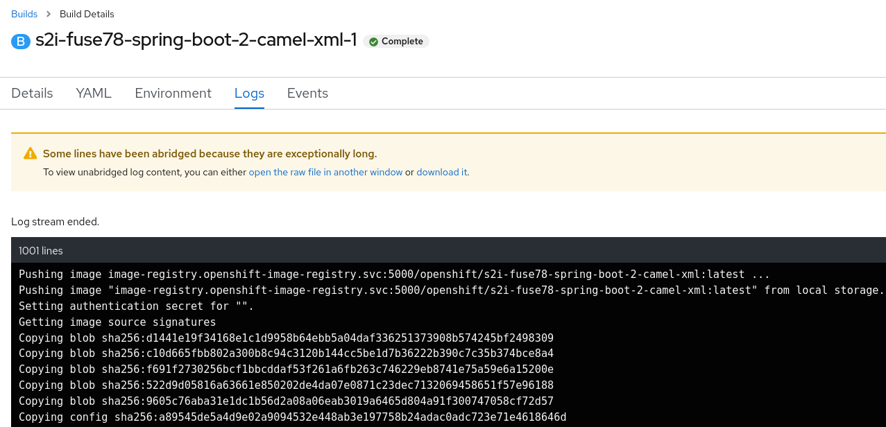 Spring Boot Camel XML build logs