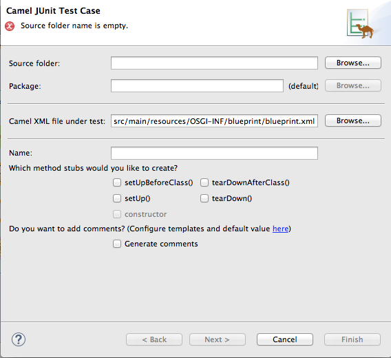 Entry page of the New Camel JUnit Test Case wizard