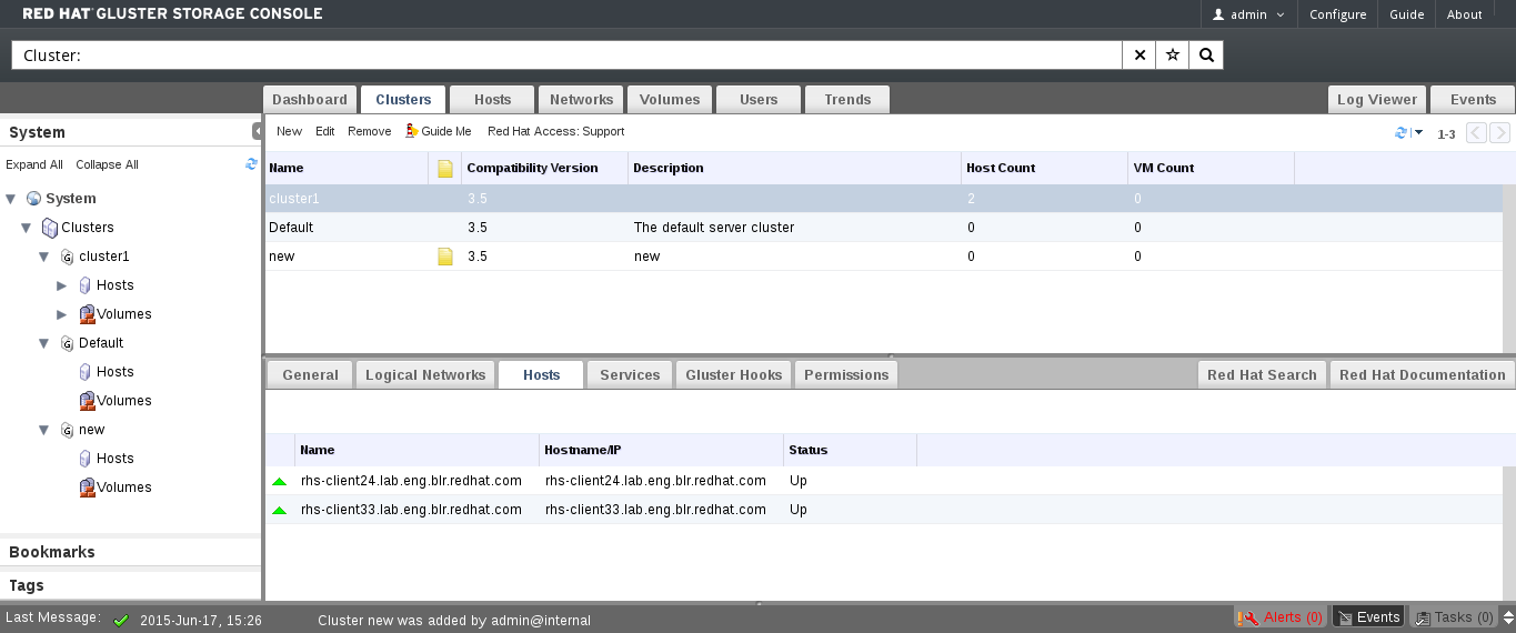 The Hosts tab on the Cluster Details pane