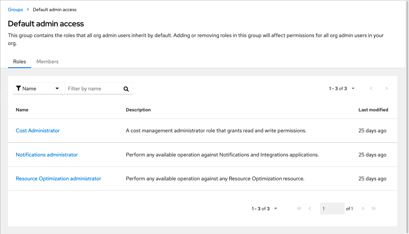 screenshot of the new default admin access group with examples of predefined roles