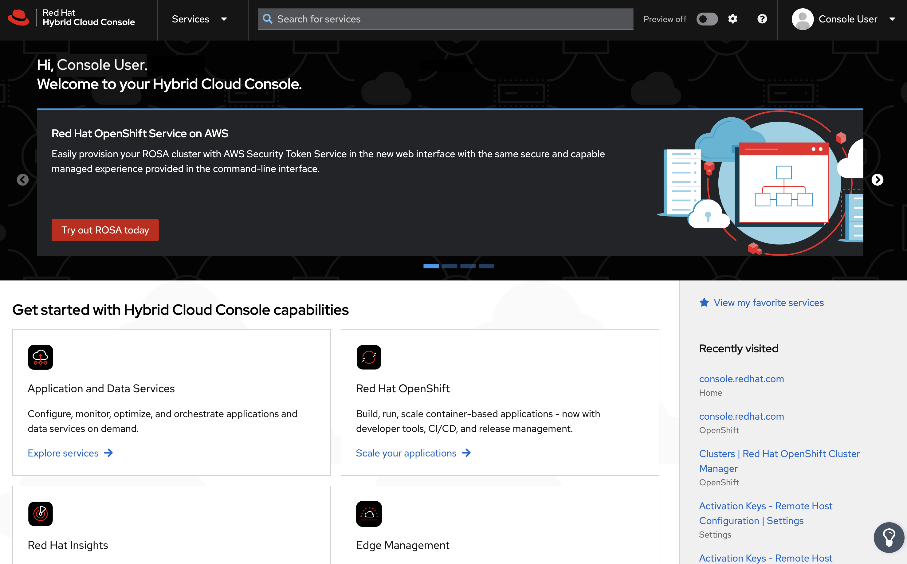 Screen shot of the Hybrid Cloud Console home page
