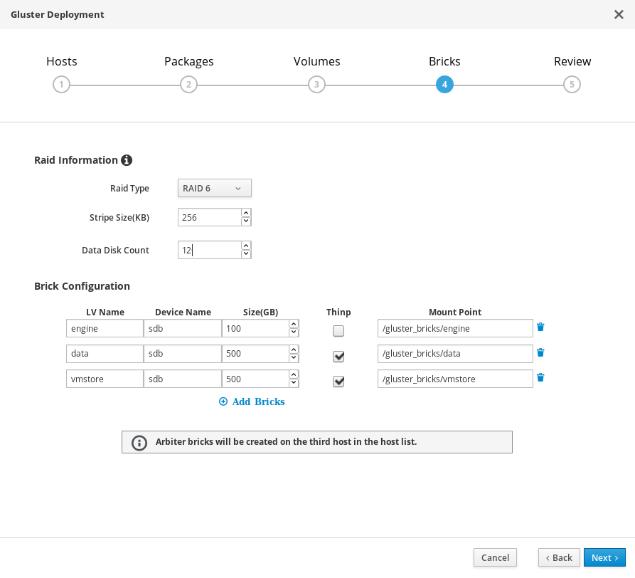 The Bricks tab of the Hosted Engine Setup wizard with the default values shown