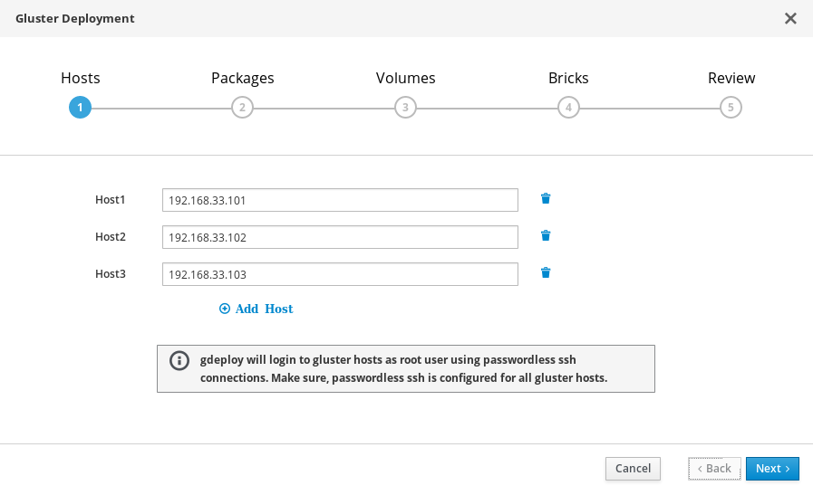 The Hosts tab of the Hosted Engine Setup wizard with example IP addresses in the Host Address fields