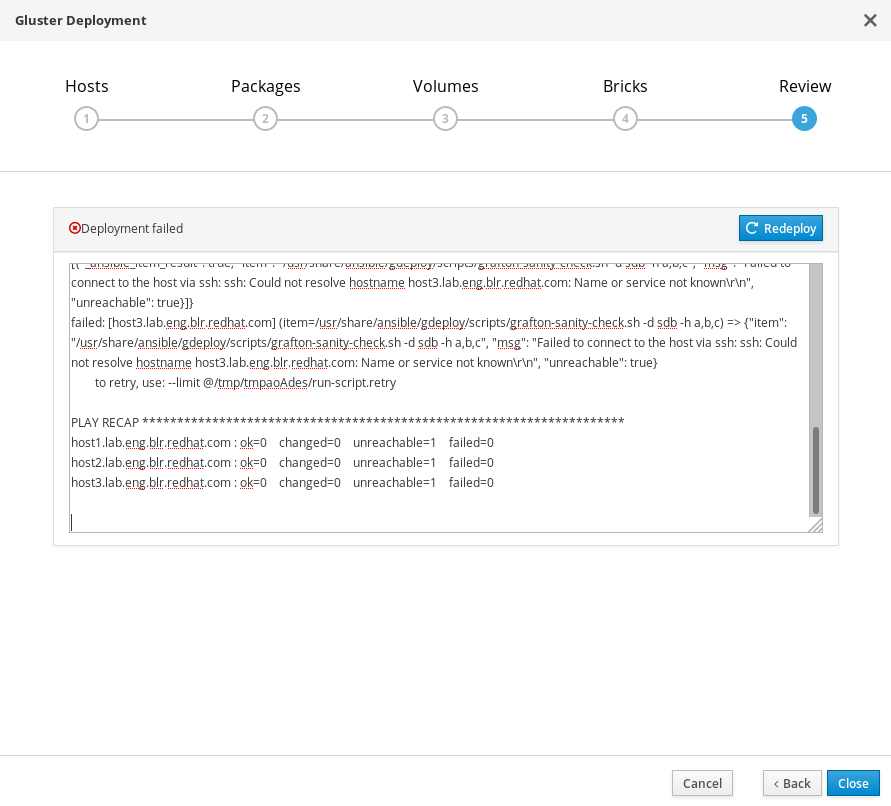 Example of a failure in gluster deployment using the Cockpit UI