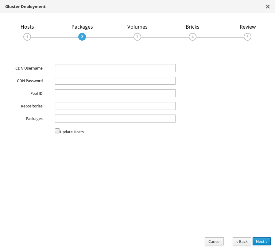 The Packages tab of the Hosted Engine Setup wizard with all values removed from all fields