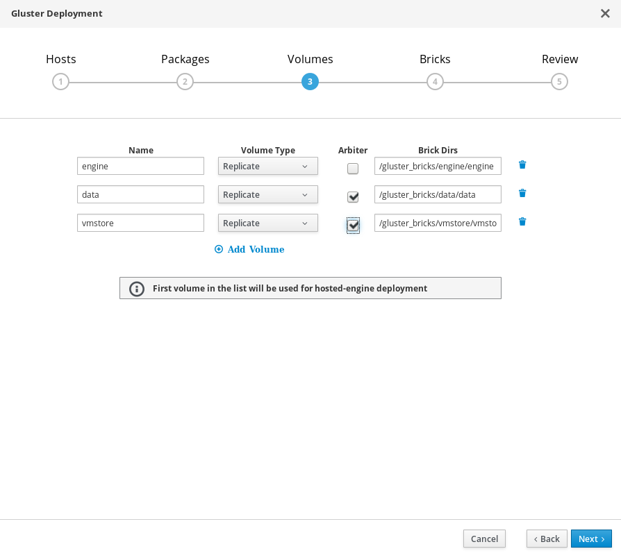 The Volumes tab of the Hosted Engine Setup wizard with the default values shown