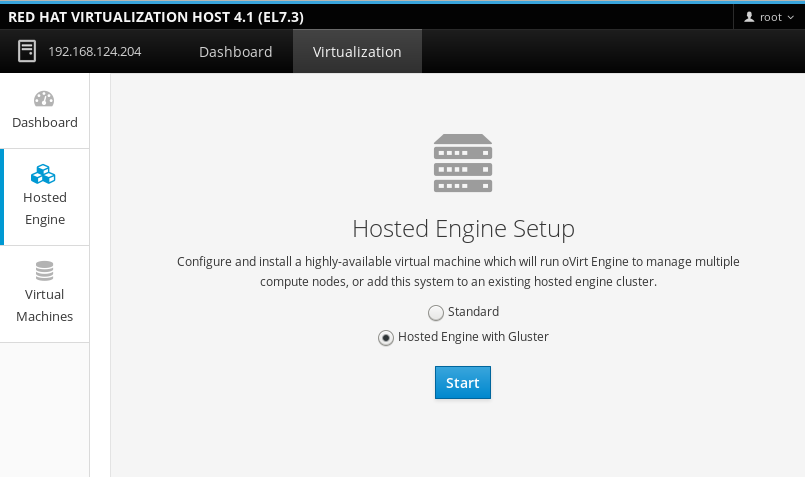 Hosted Engine Setup screen with the Hosted Engine with Gluster radio button selected
