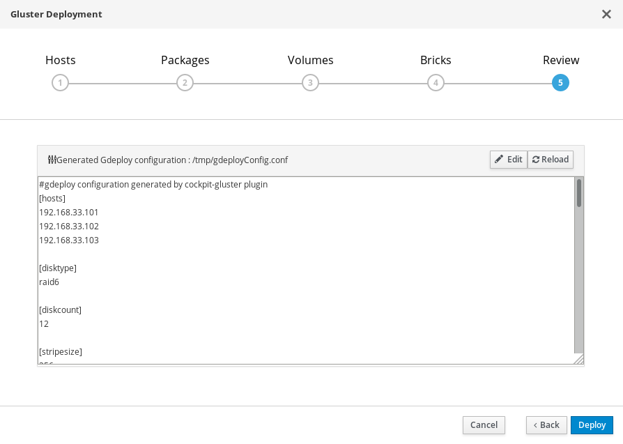 The Review tab of the Hosted Engine Setup wizard with part of the generated deployment configuration file visible