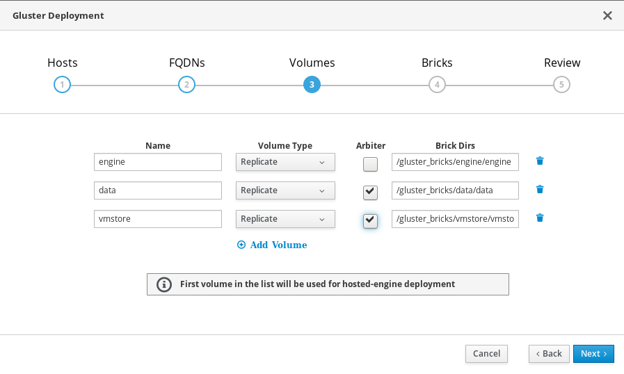 The Volumes tab of the Gluster Deployment window with the default values shown