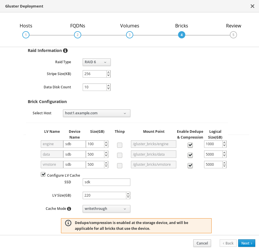 The Bricks tab of the Gluster Deployment window with the default values shown