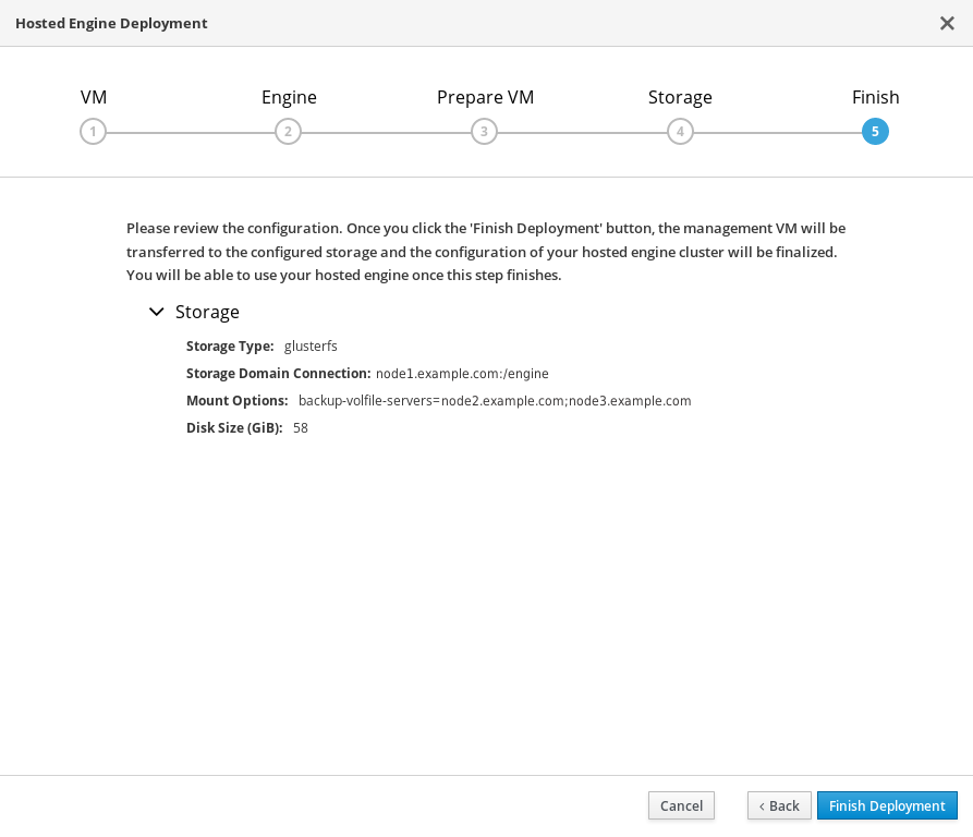 The Finish tab of the Hosted Engine Deployment window with details of the Hosted Engine's storage displayed.
