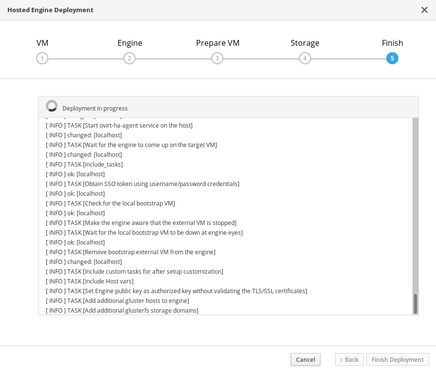 The Finish tab of the Hosted Engine Deployment window showing deployment in progress and various log messages.