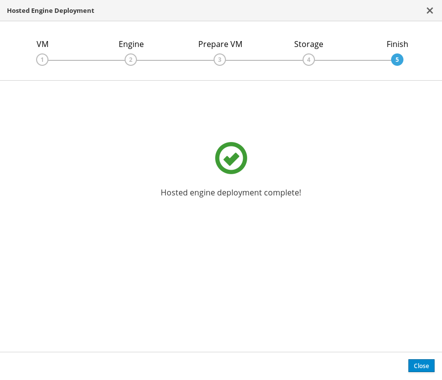 The Finish tab of the Hosted Engine Deployment window showing Hosted Engine deployment complete.