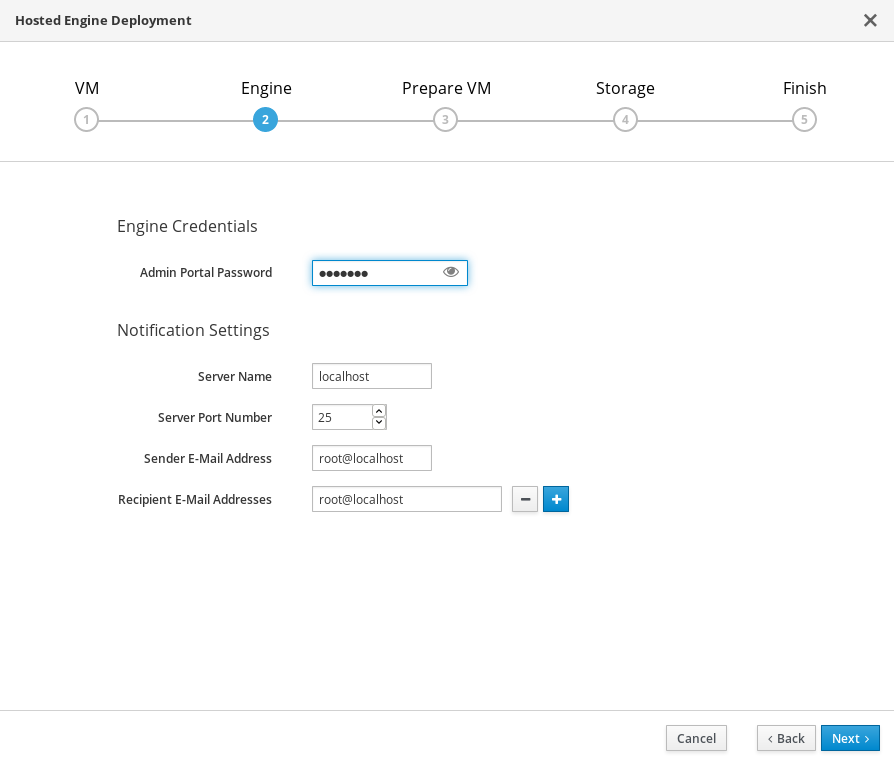 The Engine tab of the Hosted Engine Deployment window with example values entered in all fields.