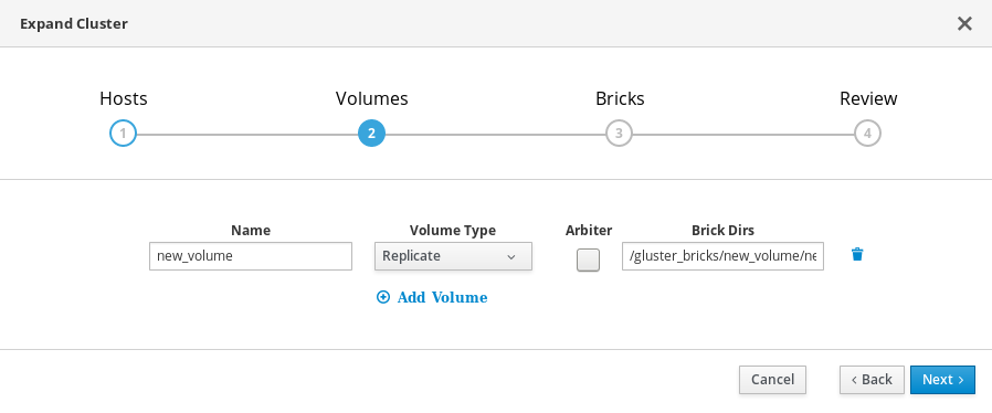The Volumes tab of the Gluster Deployment window