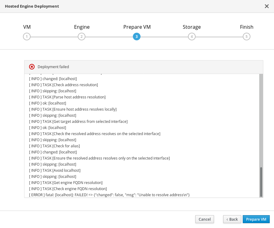 Example of failed virtual machine preparation