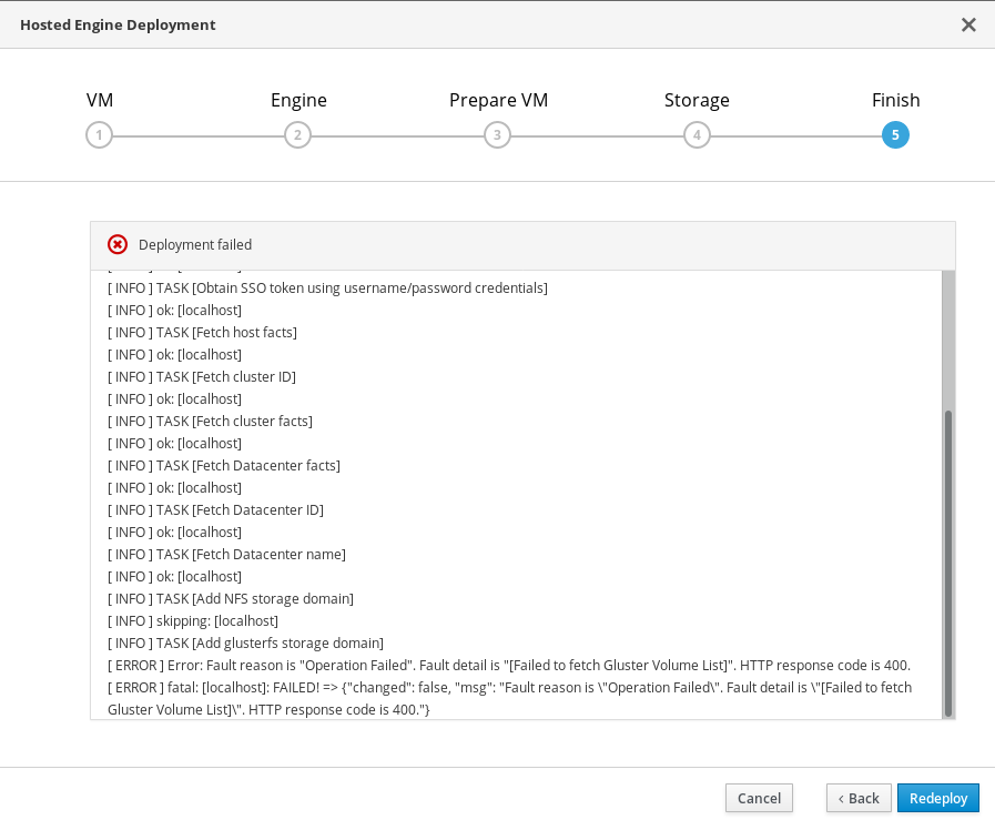 Example of a failed hosted engine deployment