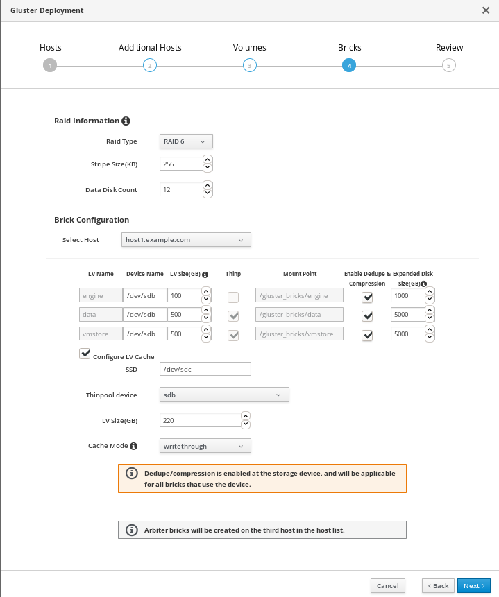 The Bricks tab of the Gluster Deployment window with the default values shown