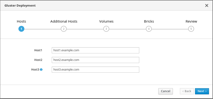 Gluster Deployment ウィンドウの Hosts タブ:Host Address フィールドの IP アドレスの例