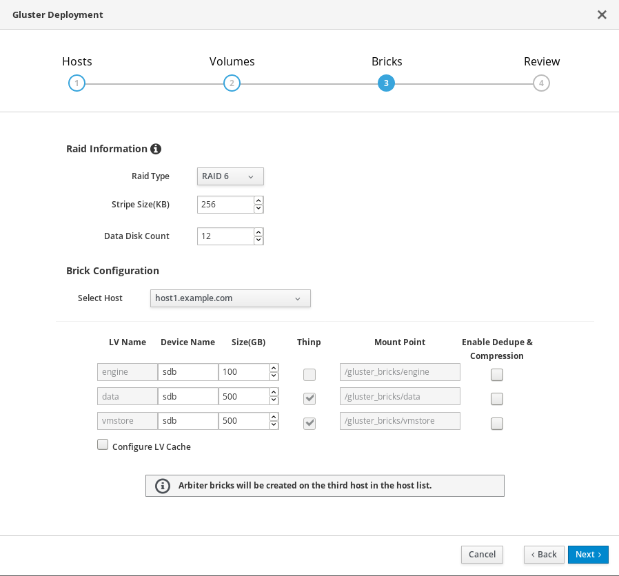 The Bricks tab of the single node deployment wizard