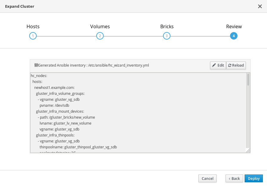 The Review tab of the Gluster Deployment window