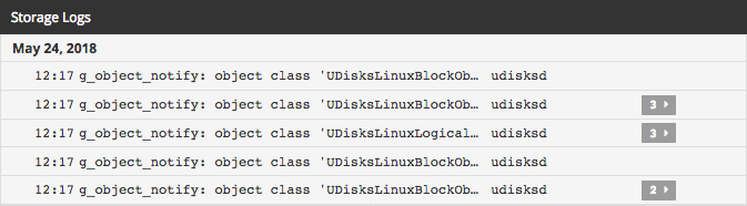 A list of recent storage related log messages