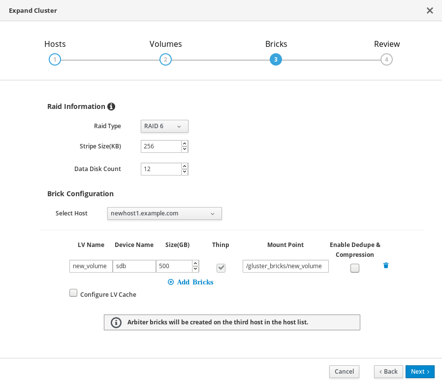 The Bricks tab of the Gluster Deployment window