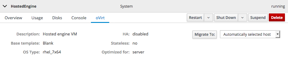 The oVirt section of the virtual machine summary