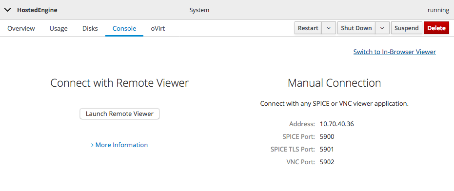 The Console section of the virtual machine summary